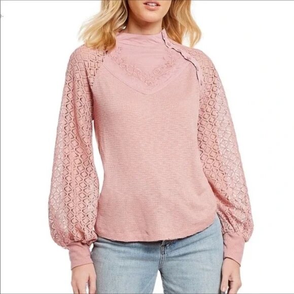 Free People Tops - Free People Sweetest Thing Thermal Lace Long Sleeve Top Womens Size Medium